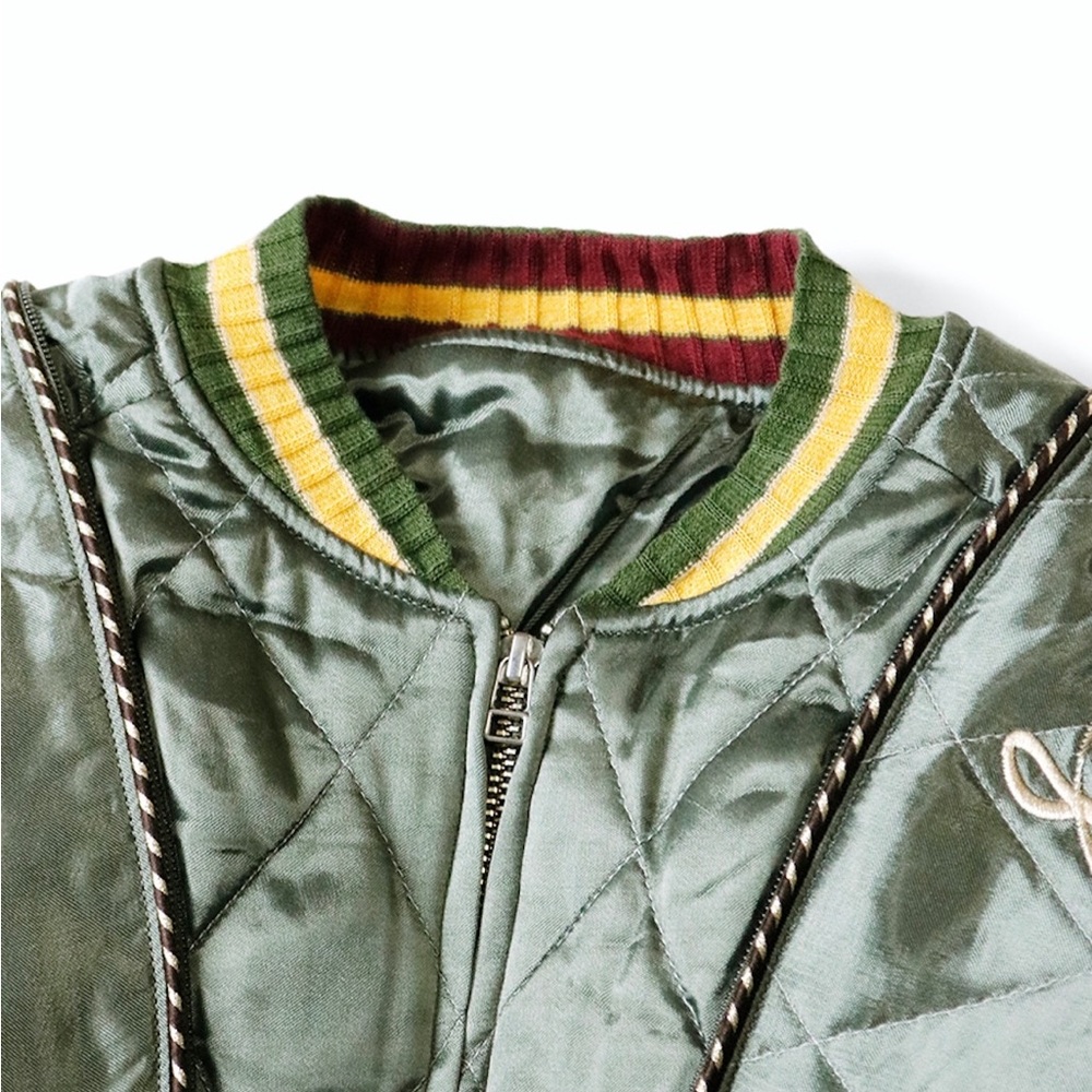 RARE Kapital Rayon Satin Quilting Japan Pillow Bomber Jacket Olive - Picture 9 of 11